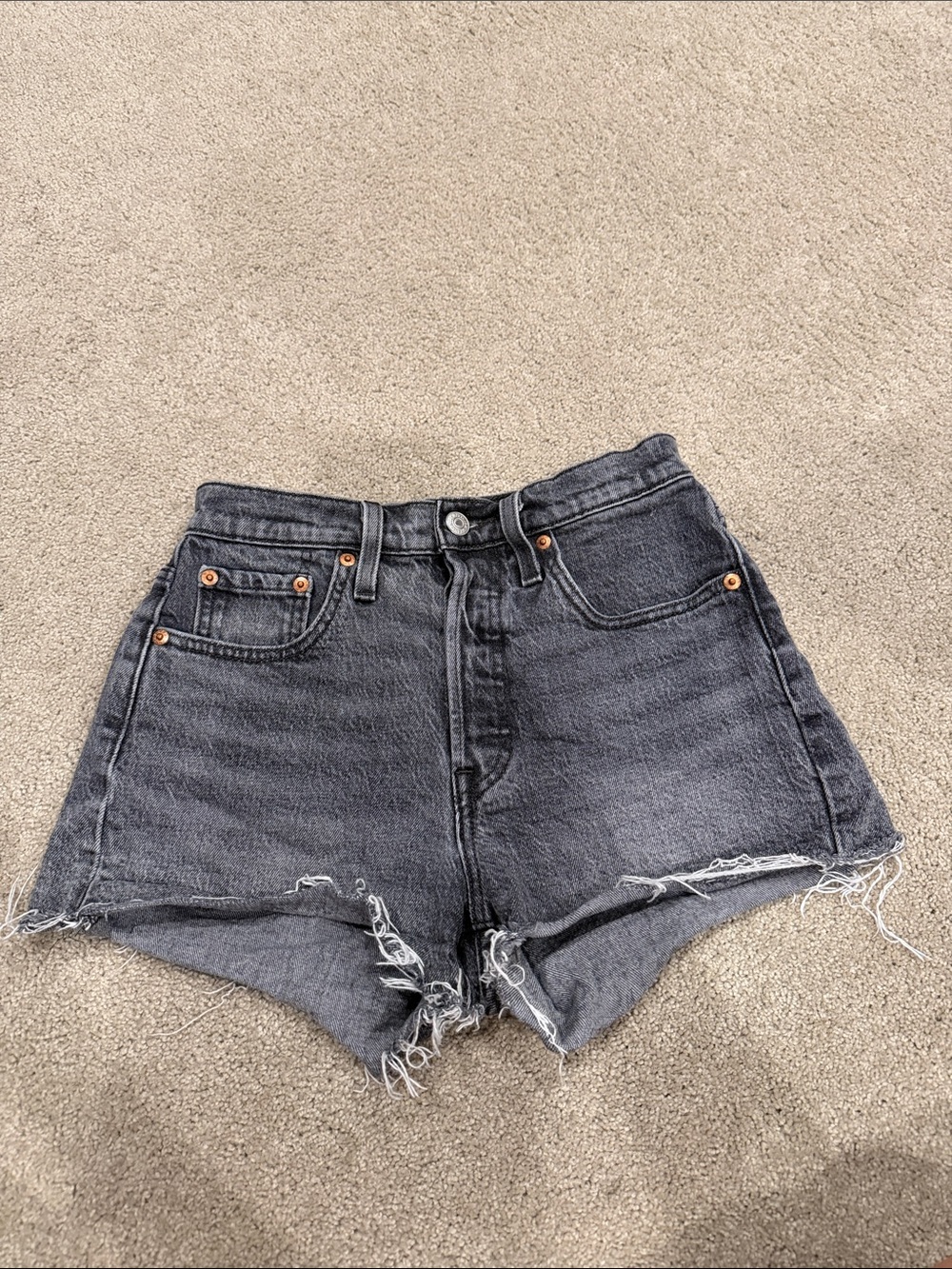 Levi's Faded Black High-Rise Frayed Denim Shorts